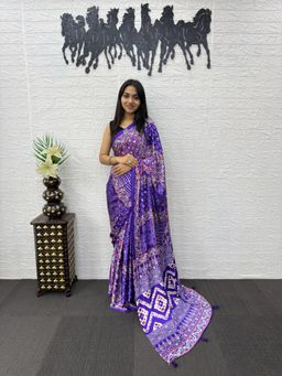 Nyri - Ajrak Printed Mirrorwork Silk Blend Saree - Purple