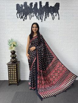 Nyri - Ajrak Printed Mirrorwork Silk Blend Saree - Black