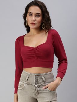 SHOWOFF - Women's Solid Fitted Maroon Sweetheart Neck Crop Top