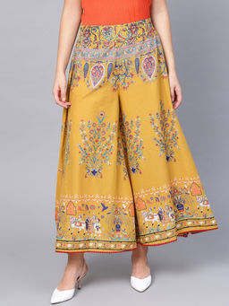 Juniper - Mustard Cotton Printed Flared Palazzo