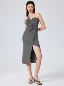 Cider - Dark Grey Solid One Shoulder Twist Split Midi Dress