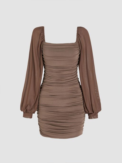 square neck solid ruched mini dress Solid Square-Neck Ruched Mini Dress