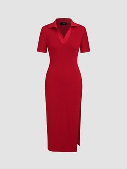 Cider - Solid Polo Split Knitted Midi Dress