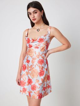 Cider - Floral Cowl Neck Satin Mini Dress