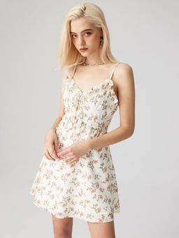 Cider - Floral Knotted Ruffle Hem Mini Dress