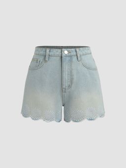 Cider - Denim Floral Embroidery Fringe Shorts