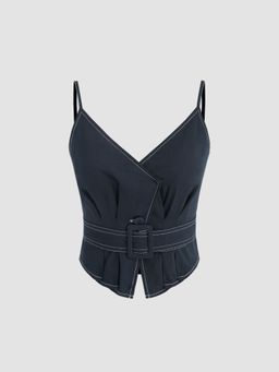 Cider - Denim V-Neck Belted Pleated Crop Top