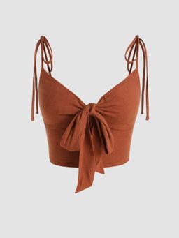 Cider - V-Neck Knotted Shirred Back Crop Top
