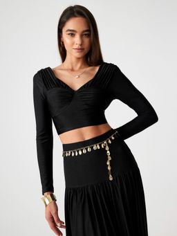 Cider - Solid V-Neck Ruched Long Sleeve Top