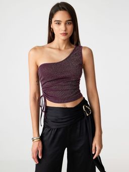 Cider - Asymmetrical Neck Glitter Solid Crop Top