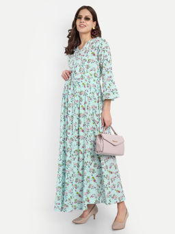 Mamma's Maternity - Turquoise Green Cotton Floral V-Neck Maternity/Feeding Long Dress