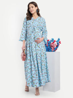 Mamma's Maternity - Light Blue Cotton Floral V-Neck Maternity/Feeding Long Dress