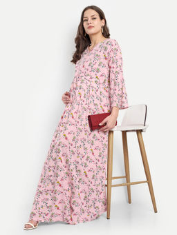 Mamma's Maternity - Baby Pink Cotton Floral V-Neck Maternity/Feeding Long Dress
