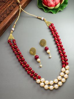 Aadita - Gold Plated Pearl Jewellery Set - with Matching Earrings for Women - Red