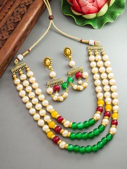 Aadita - Gold Plated Pearl Jewellery Set - with Matching Earrings for Women - Multi-Color