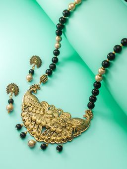 Aadita - Gold Plated Peacock Design Temple Necklace and Earrings Black