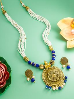 Aadita - Gold Plated Stone Studded and Pearl Beaded Long Temple Jewellery Set - Blue