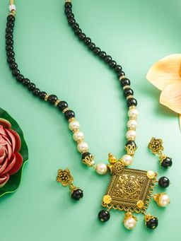Aadita - Stone Studded and Pearls Studded Temple Jewellery Set - Black