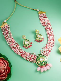 Aadita - Gold Plated Pearl Beaded Jewellery Set - Pink