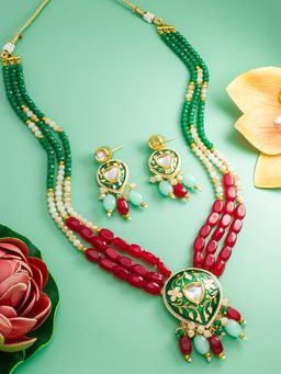 Aadita - Stone Studded and Pearls Beaded Temple Jewellery Set - Multi-Color