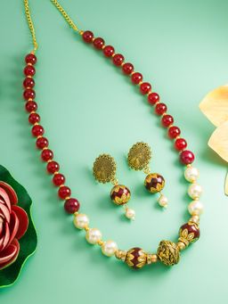 Aadita - Gold Plated Jewellery Set - Red