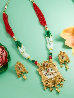 Aadita - Gold Plated Stone Studded and Pearl Beaded Jewellery Set - Multi-Color