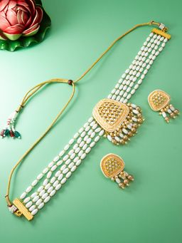 Aadita - Gold Plated Stone Studded and Beaded Choker Jewellery Set - White