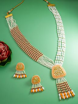 Aadita - Gold Plated Stone Studded and Beaded Choker Jewellery Set - Orange