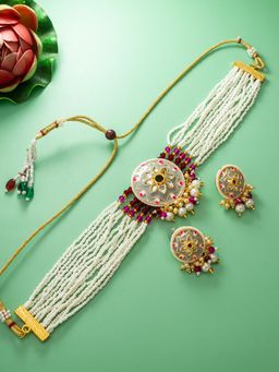 Aadita - Gold Plated Stone Studded and Beaded Choker Jewellery Set - Pink
