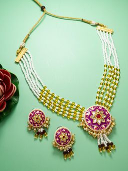 Aadita - Gold Plated Stone Studded and Beaded Choker Jewellery Set - Pink