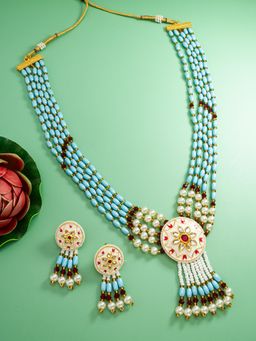 Aadita - Gold Plated Stone Studded and Beaded Choker Jewellery Set - Blue