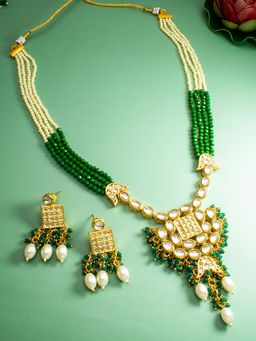 Aadita - Stone Studded and Pearl Beaded Silver Jewellery Set - Green