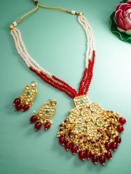 Aadita - Gold Plated Artificial Stones and Beads Jewellery Set - Red