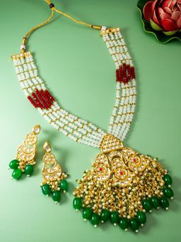 Aadita - Stone Studded and Pearl Beaded Silver Jewellery Set - Green
