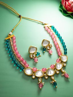 Aadita - Gold Plated Kundan Stone Studded and Pearls Beaded Jewellery Set - Multi-Color