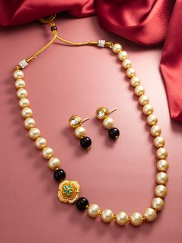 Aadita - Gold Plated Stone Studded and Pearl Beaded Necklace and Earrings Black