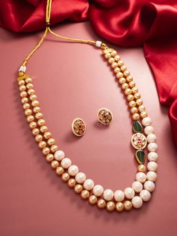 Aadita - Rose Gold Plated Stone Studded and Pearl Beaded Necklace and Earrings