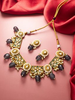 Aadita - Gold Plated Stone Studded and Beaded Jewellery Set - Grey