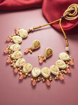 Aadita - Gold Plated Stone Studded and Pearl Beaded Necklace and Earrings Peach