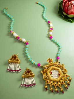 Aadita - Gold Plated Kundan Studded and Pearl Beaded Jewellery Set - Multi-Color