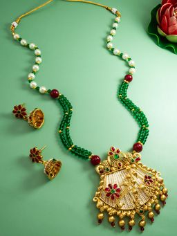 Aadita - Gold Plated Kundan Studded and Pearl Beaded Jewellery Set - Multi-Color