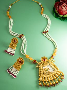 Aadita - Gold Plated Kundan Studded and Pearl Beaded Jewellery Set - White