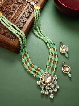 Aadita - Gold Plated Kundan Studded and Pearl Beaded Jewellery Set - Green