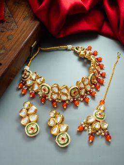 Aadita - Gold Plated Kundan and Pearl Choker Set - Orange