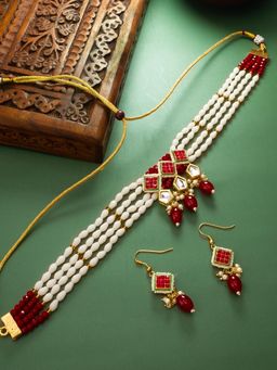 Aadita - Gold Plated Kundan and Pearl Choker Set - Red