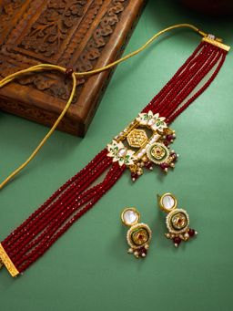 Aadita - Gold Plated Kundan and Pearl Choker Set - Red