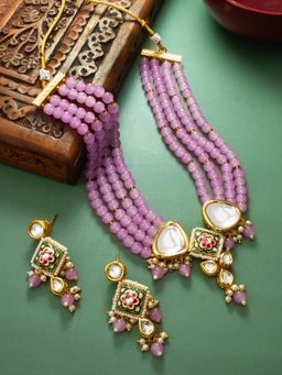 Aadita - Gold Plated Kundan and Pearl Choker Set - Purple