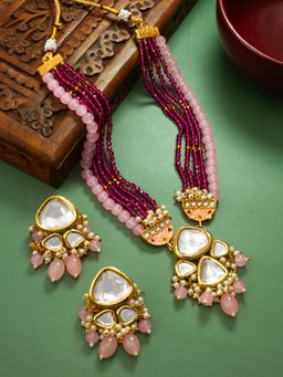 Aadita - Gold Plated Kundan and Pearl Temple Set - Pink