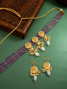 Aadita - Gold Plated Kundan and Pearl Choker Set - Purple