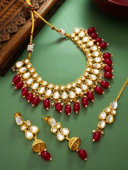 Aadita - Gold Plated Kundan and Pearl Choker Set - Red
